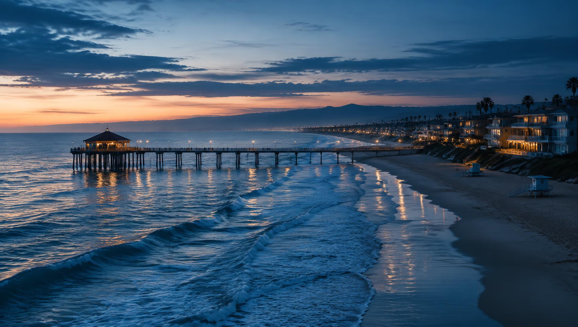South Bay pier and beachfront homes at dusk