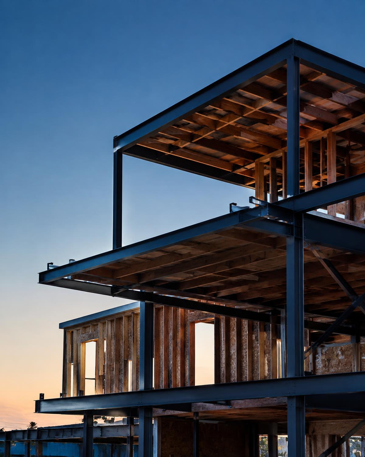 Steel and timber framing of a contemporary home under construction